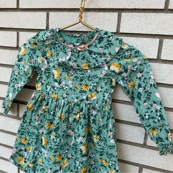 Janie and Jack Floral Ruffle Bow Collar Dress Malachite Green Floral - Picture 3 of 9